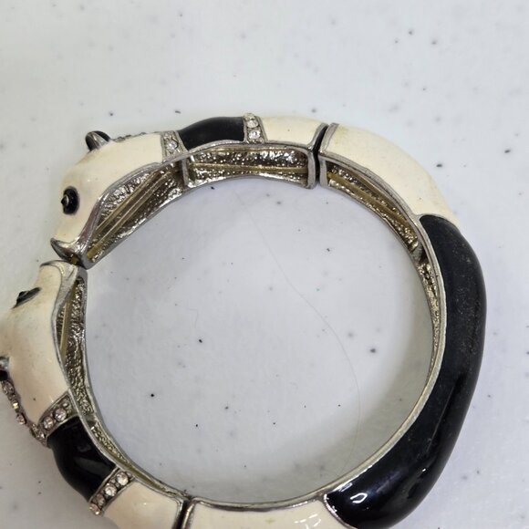 Vintage 80s Panda Bracelet Enamel Rhinestone Stretch Bangle Figural Silver Tone - Picture 6 of 10